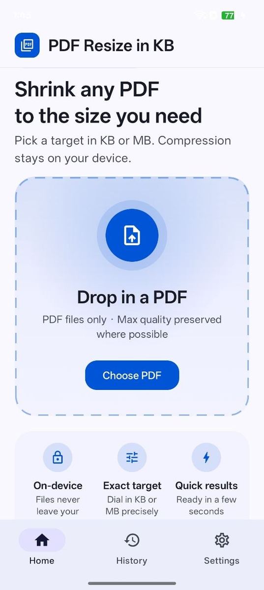 Home screen — choose PDF and target size