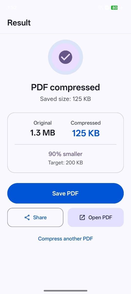 Result screen with compressed size