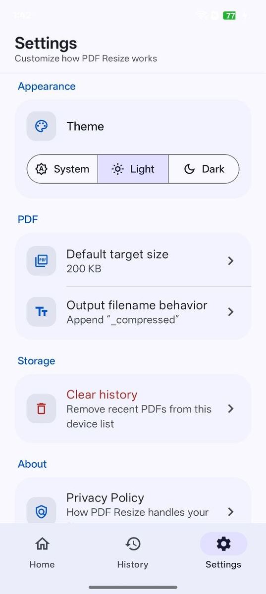 Settings screen